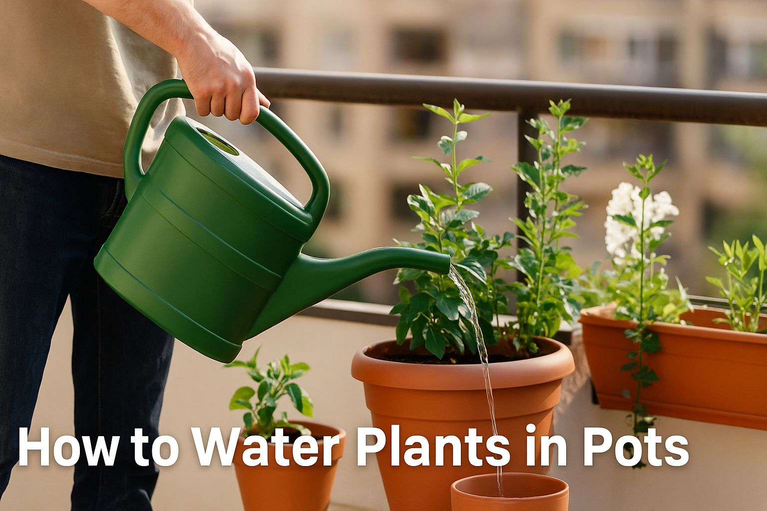 Urban Plant Watering Guide showing the correct way to water potted balcony plants
